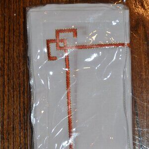 RARE KIM SEYBERT FINE LIVING 4 ORANGE EMBROIDERED GREEK KEY 21" DINNER NAPKIN